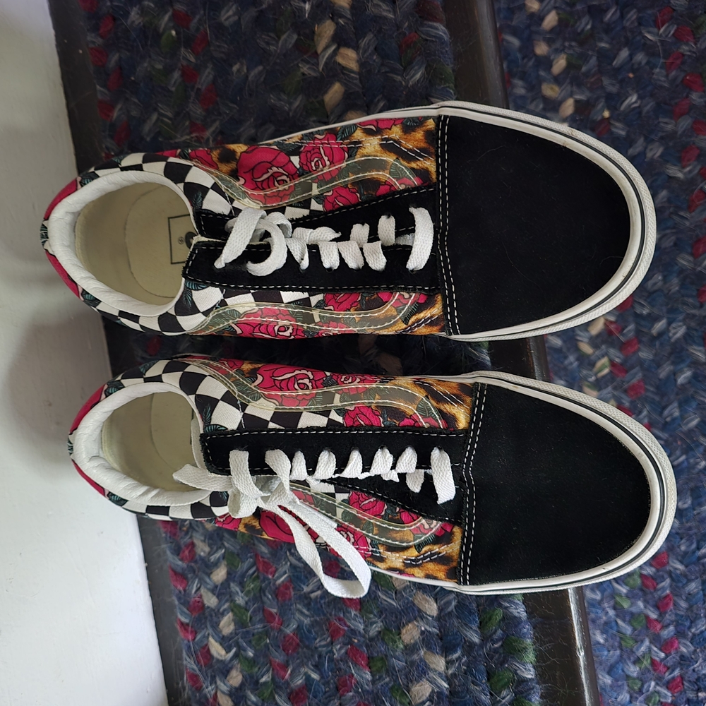 Vans Old School  Black Suede Floral Checkered Sneakers